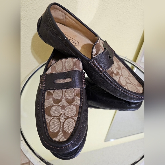 COACH Men's Brown Logo Canvas Penny Loafers with Dark Brown Trim - Picture 7 of 9